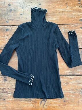 J. Crew Black Ribbed Turtleneck with White Ruffle Trim - Size Small